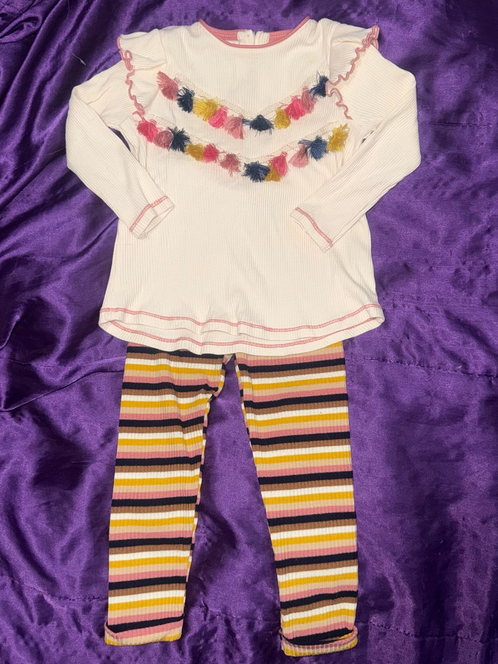 Mud Pie Cream Tassel Top with Pink, Yellow & Navy Striped Leggings Set